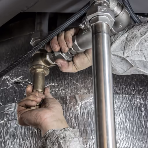 Plumber's hands fitting a water supply line on a residential job